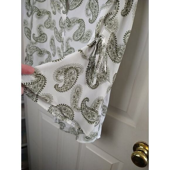 41Hawthorn Green White Paisley V Neck Belle Flare Tie Sleeves Sheer. Size M - Picture 5 of 11